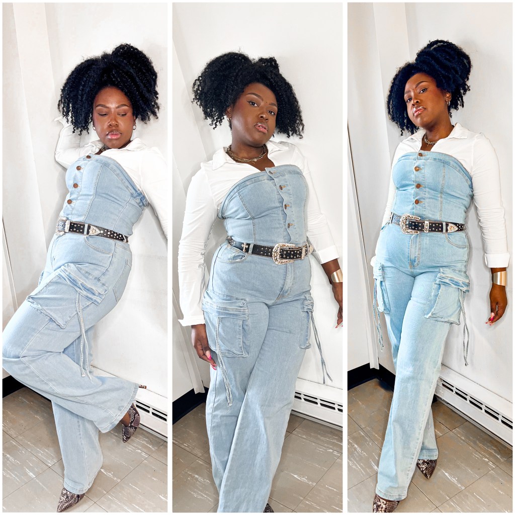 Woman wearing denim jumpsuit.